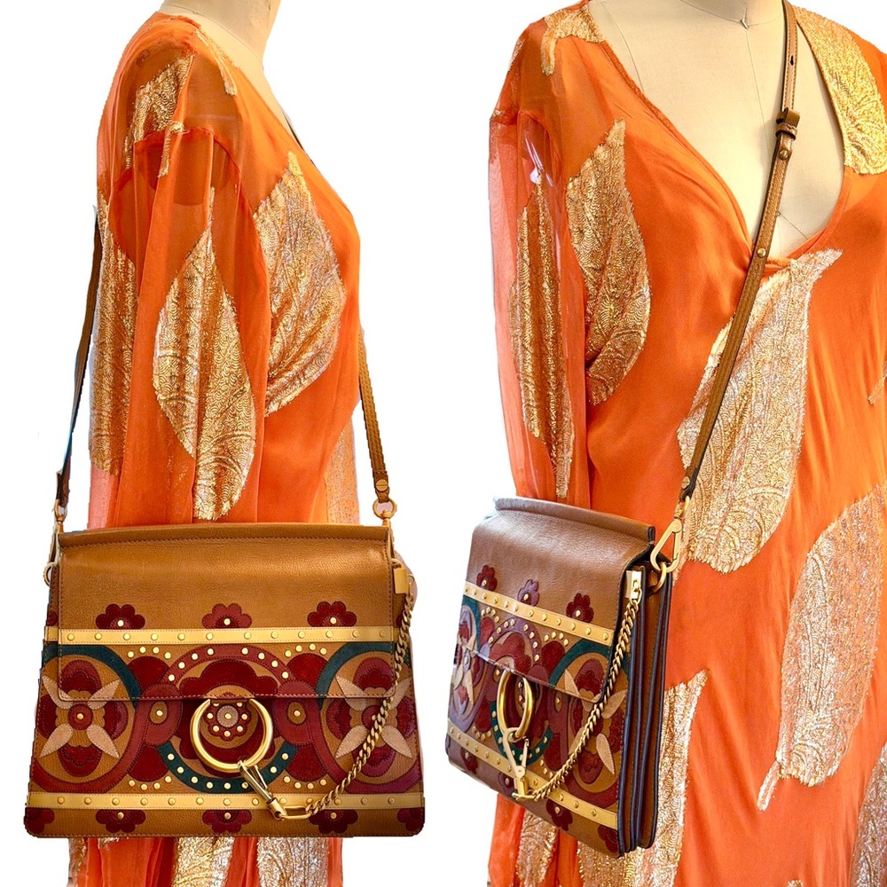 Chloe Multicolor Patchwork Suede & Caramel Leather Medium Faye Crossbody Bag